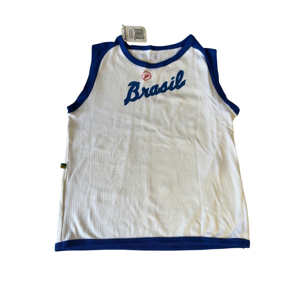 Vintage 90s Brazil Brasil Ribbed Ringer Tank Top White Blue Women's Size M NEW